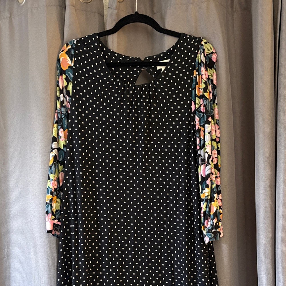 Anthropologie Black Polka Dot Dress with Colorful Floral Sleeves